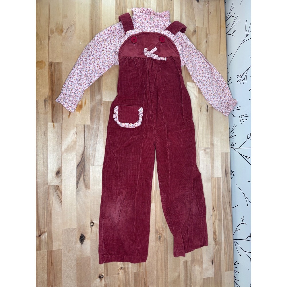 Vintage Doe Spun Girls 4‎ Corduroy Overalls Floral Blouse Set Burgundy Pink USA